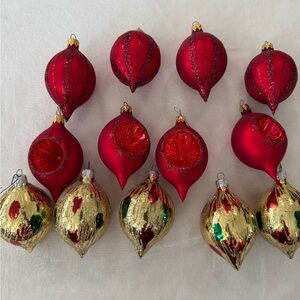 Vintage Pyramid Christmas Glass Red and Gold Ornaments Set of 12